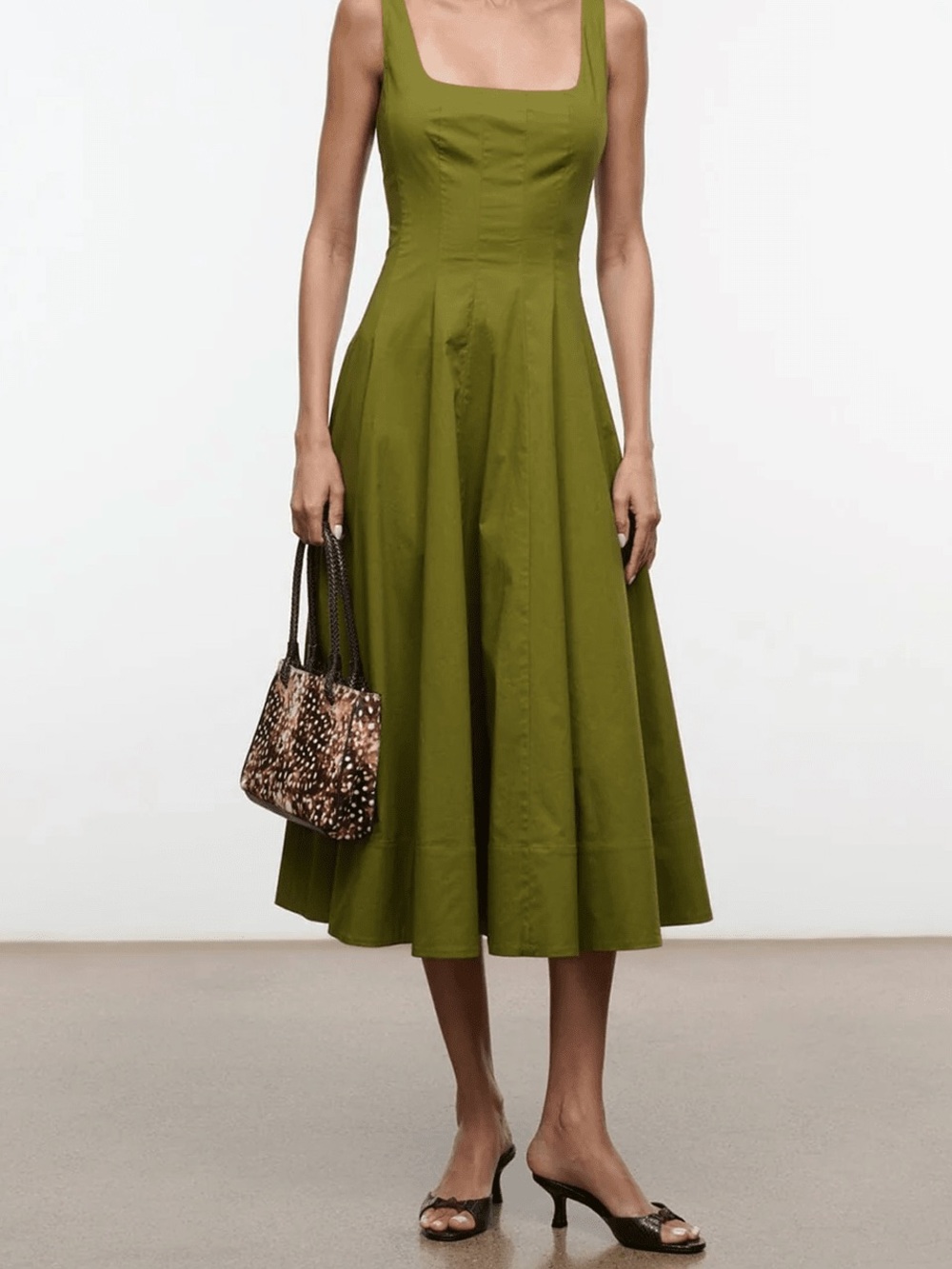 STAUD Olive Green Square-Neck Midi Dress